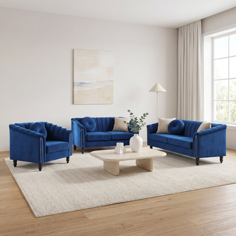 Navy Blue 3-Piece Living Room Set with Channel-Tufted Sofa, Loveseat and Armchair, 3-Piece Set