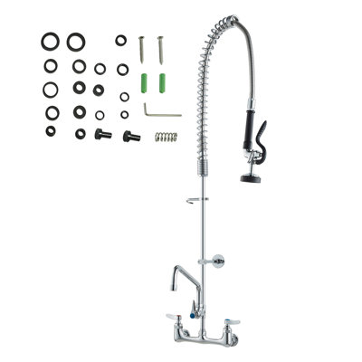 44" Commercial Wall Mount Kitchen Faucet with Pre-Rinse Sprayer - Heavy Duty Brass Sink Fixture for 3-Compartment Sinks