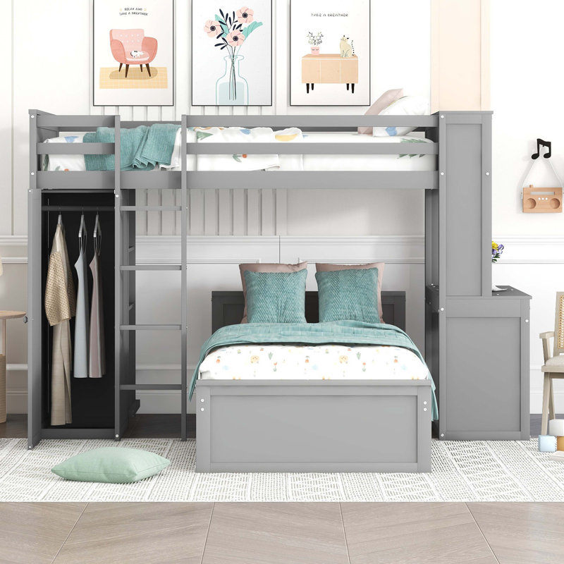 Lit mezzanine simple avec lit autonome, tablettes, bureau et garde-robe, Grey