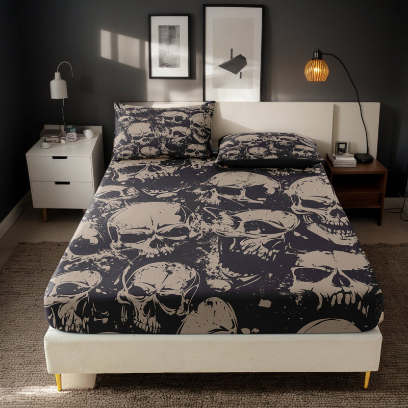 Orylavena Gothic Damask Skull Fitted Sheet Set, Gray and Black Vintage Filigree Microfiber Bedding, Twin Full Queen King Sizes, Digital Print, No Pillow Insert Included