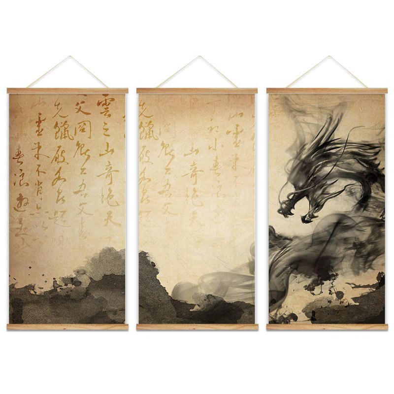 Affiche suspendue avec cadres en bois, peinture à l'encre de style chinois, prêt à accrocher, art mural