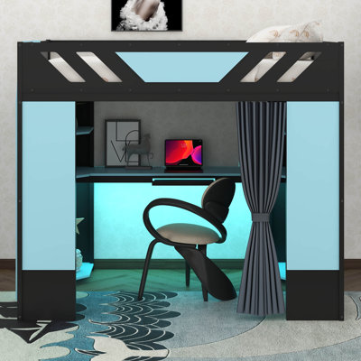 Lit mezzanine double avec bureau, station de charge et lumières DEL, lit mezzanine en bois avec tablettes de rangement, cadre de lit de jeu avec rideau occultant