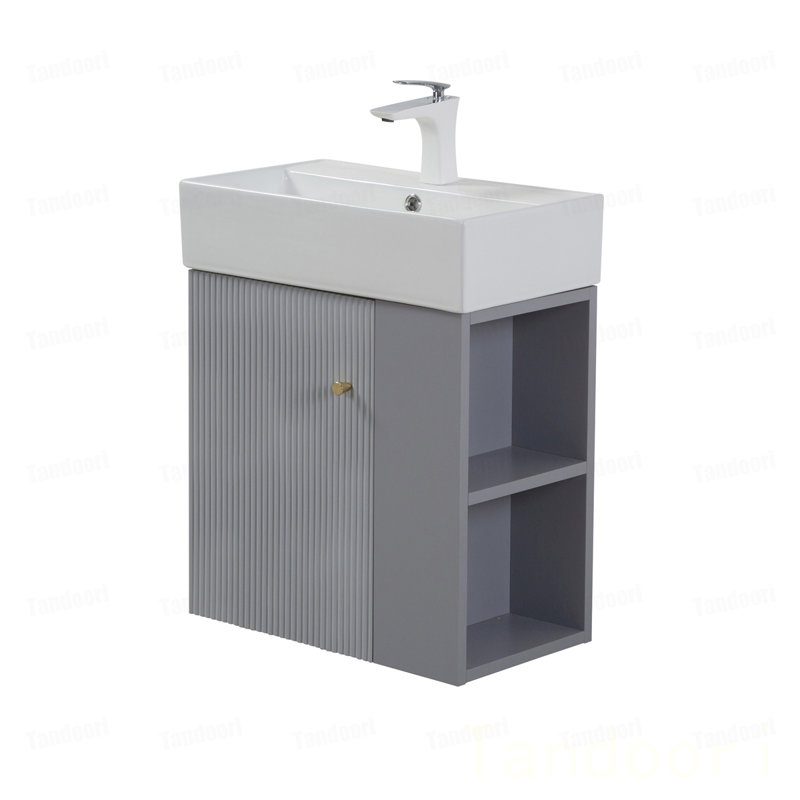 Meuble-lavabo mural avec lavabo en céramique, porte à fermeture douce, tablette de rangement flottante droite, assemblage requis,