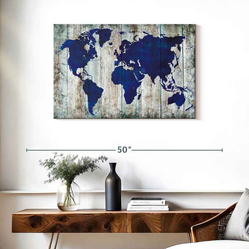 Carte du monde bleu Aliaz sur bois, H 24 po x l 36 po
