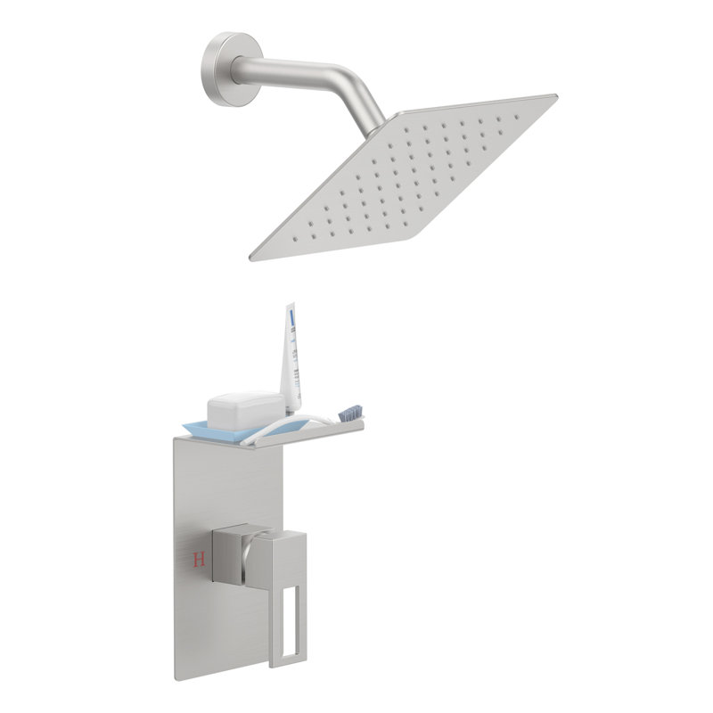 Robinet de douche avec support de rangement Ensemble de décoration de pomme de douche à pluie de 8 pouces avec ensemble de robinet de douche à jet simple