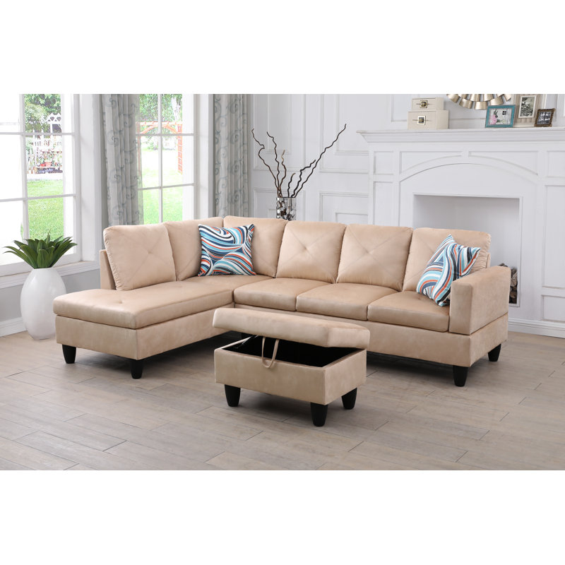 Ensemble de canapé de salon en microfibre de style L beige avec repose-pieds, Velours sable du désert