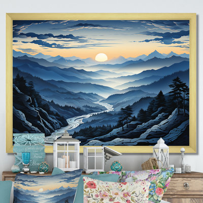 Blue and white Mountain Majesty Panorama II - Mountains Framed Canvas Print