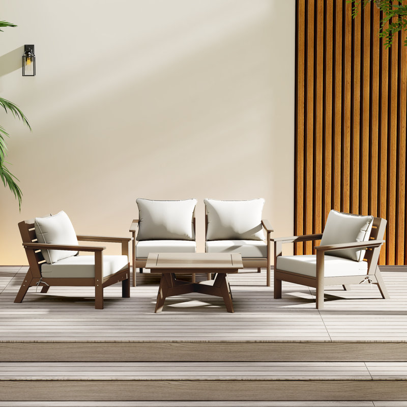 5-Piece Deep Seating Set, Walnut, White