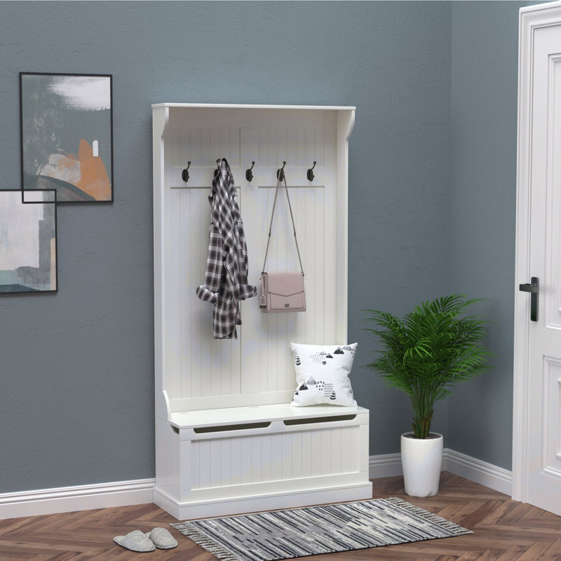38" 3-In-1 Entryway Hall Tree with Storage Bench, Coat Rack with Four Hooks and Shoe Storage