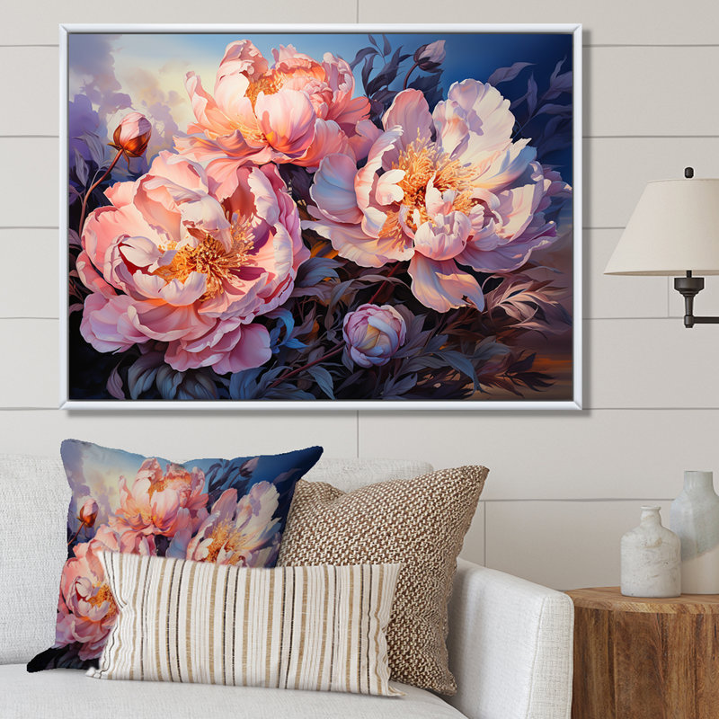 Pivoines magiques au coucher du soleil II - salon d'art mural pivoines, Cadre flottant naturel, H 12 po x l 20 po x P 1 po