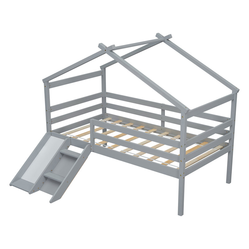 Twin Low Loft House Bed With Slide,  Ladder, Safety Guardrails, House Roof Frame,Grey, Gray