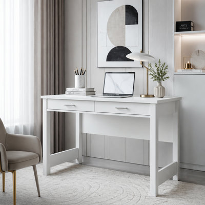 Bureau d'ordinateur en bois blanc ultrabrillant avec plateau renforcé, pieds solides et deux tiroirs spacieux pour les espaces de travail modernes