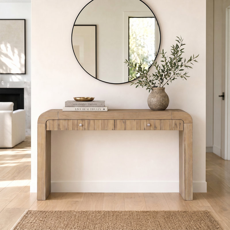Console Rustic Charm avec tiroir cannelé et pieds réglables - parfait pour le décor du salon, Bois naturel