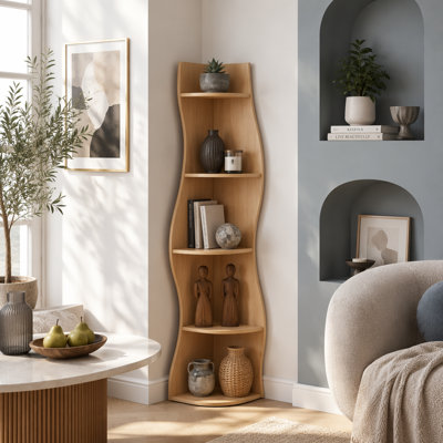 Étagère d'angle à 5 niveaux en forme de S, présentoir courbé autoportant moderne, bibliothèque peu encombrante et support pour plante pour espaces de vie compacts
