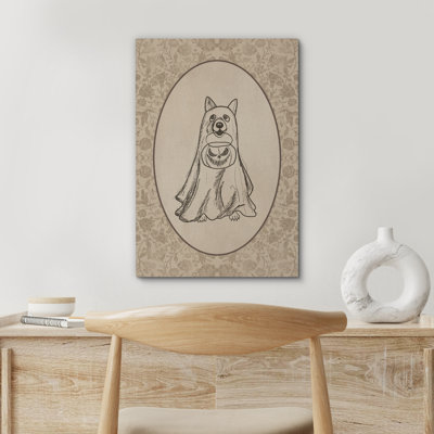 Moody Skull Vintage Sketch Style Dog in Ghost Costume with Pumpkin Halloween Print Pictures Frame Canvas Print Wall Art