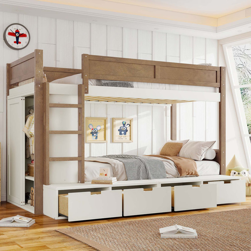 Lit superposé en bois massif avec 4 tiroirs de rangement et garde-robe intégrée, Full, Beige