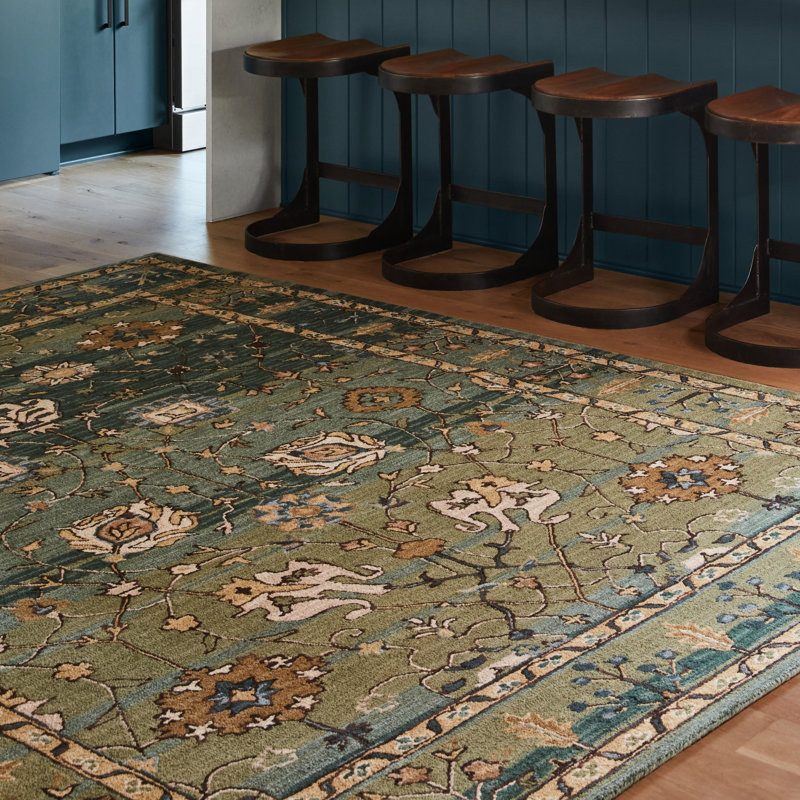 Tapis vert / brun clair / bleu en laine touffeté à la main Corla, Rectangle 8 pi x 10 pi
