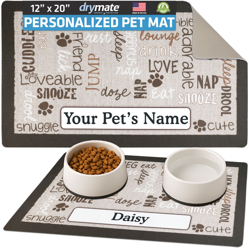 Napperon personnalisé pour animal de compagnie, tapis d'alimentation pour chien et chat - matériau absorbant et envers imperméable