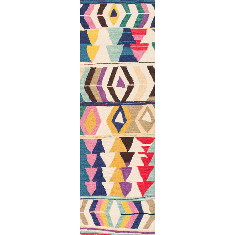 Tapis de couloir en laine à motif géométrique Leiarna pour le salon, la chambre à coucher, la salle à manger, le vestibule, le couloir et la cuisine, multicolore / noir