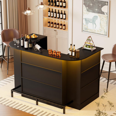 Modern U-Shaped 3-Tier Bar Cabinet with LED Light & Stemware Holders, Black