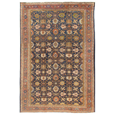 Tapis unique en laine noué à la main bleu marine / rouille de 10 pi x 14 pi 7 po