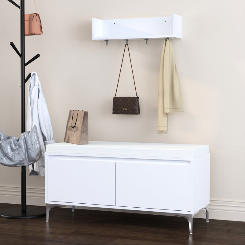Étagère de hall d'entrée murale avec crochets et banc de rangement, armoire à chaussures blanche moderne avec coussin et rangement fermé pour le couloir, la chambre à coucher ou le vestibule