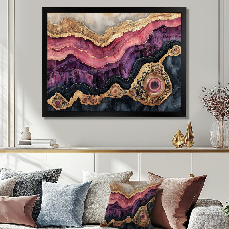 Abstract Rosa Marble And Amethyst Stone Slide IV - Stone Geode Wall Art, 30" H x 40" W, Single Picture Framed, Black
