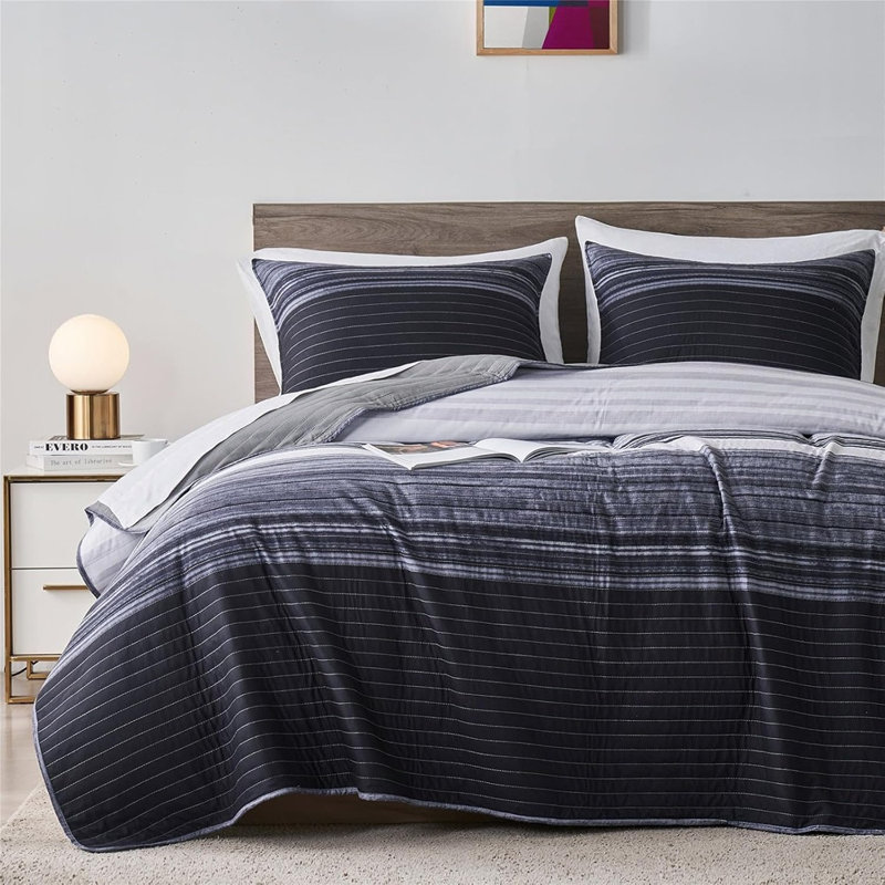 Ensemble de courtepointe pour grand lit noir et gris - 3 pièces de literie en microfibre patchwork rayée avec taies décoratives