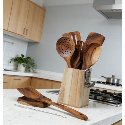 11-Piece Teak Wooden Utensil Set For Cooking With Holder - Natural Solid Teak Wood Spatulas, Spoons & Kitchen Tools - Sturdy, Heat Resistant & Lightweight For Daily Use