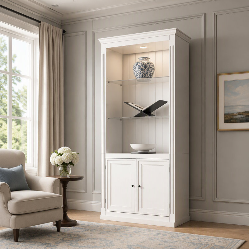Étagère de style ferme autoportante avec éclairage de plafond à intensité variable et portes de rangement en verre ajustables pour une utilisation à domicile ou au bureau.