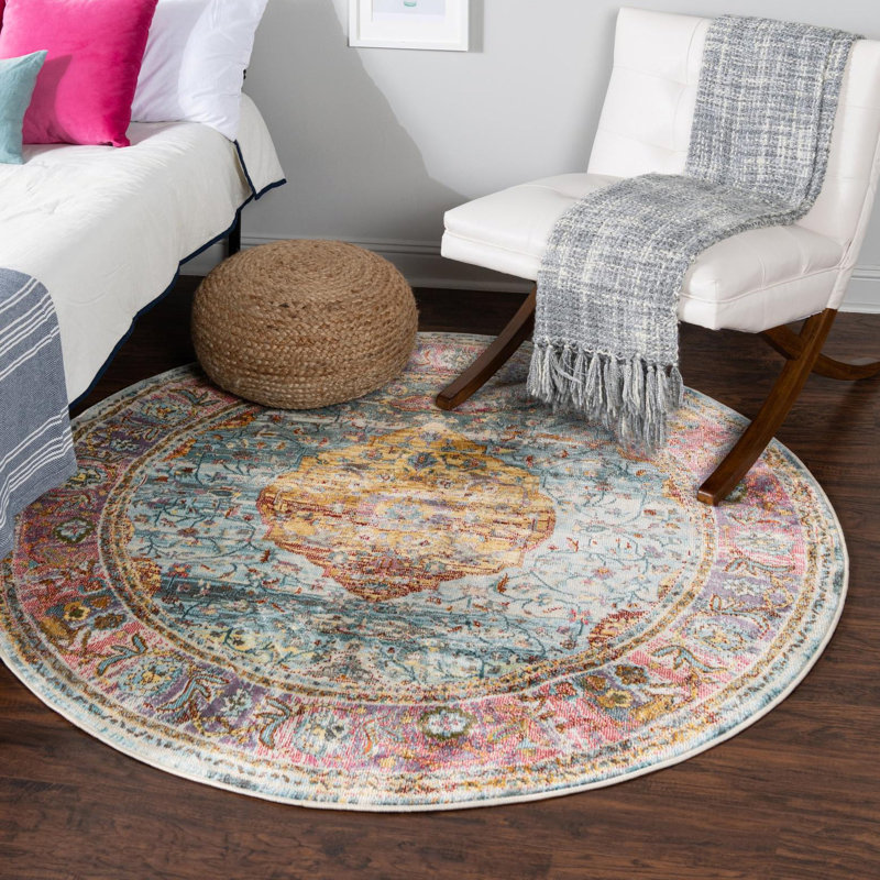 Folmar Abstract Indoor Rug, Round 8', Pink/Orange/Blue