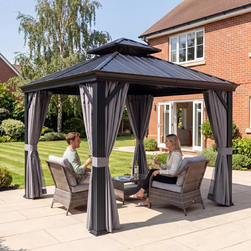 GRDN living Haven Pro 3.6m x 3m Aluminium Hardtop Gazebo with Double Metal Roof in Black with Curtains, 3m x 3m