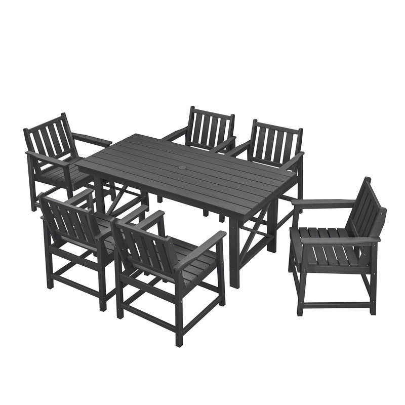 7 Pieces HDPE Outdoor Dining Set, Patio Dining Set With Umbrella Hole, All Weather Outdoor Dining Table Sets For 6, HDPE Patio Furniture Sets For Deck, Backyard, Lawn, And Poolside