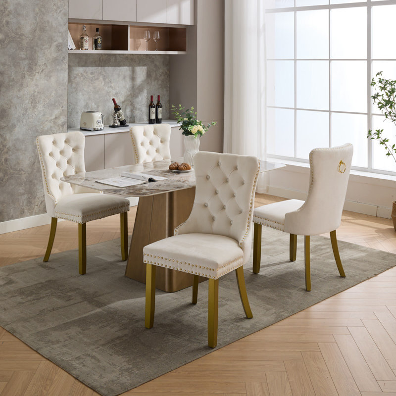 Allena Tufted Chairs Upholstered Chairs with Solid Wood Frame Nailhead Back and Ring Pull Trim , Gold, Velvet Beige, 2