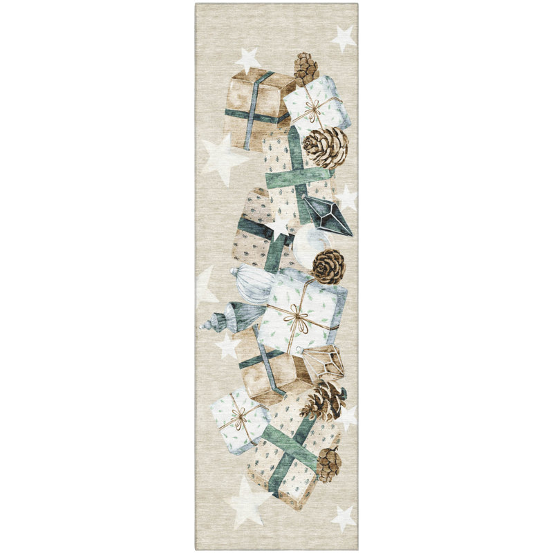 Premium Machine Washable Castillon AMF1825 Stars and Presents Holiday Rug, Runner 2'3" x 7'6"