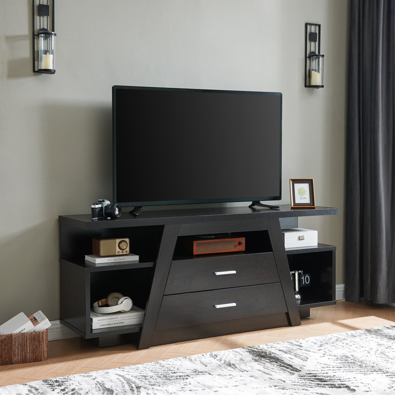 Meuble télé moderne à deux tiroirs avec rangement et tablette divisée