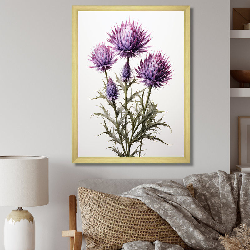Rustique mauve et Whitethistle - chardon, art mural, H 40 po x l 30 po x P 1,5 po, Cadre doré simple