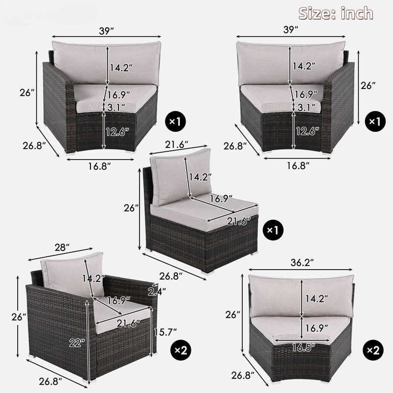 9-piece Outdoor Half-moon Wicker Conversation Sets With 1 Nesting Coffee Table And Tempered Glass Top