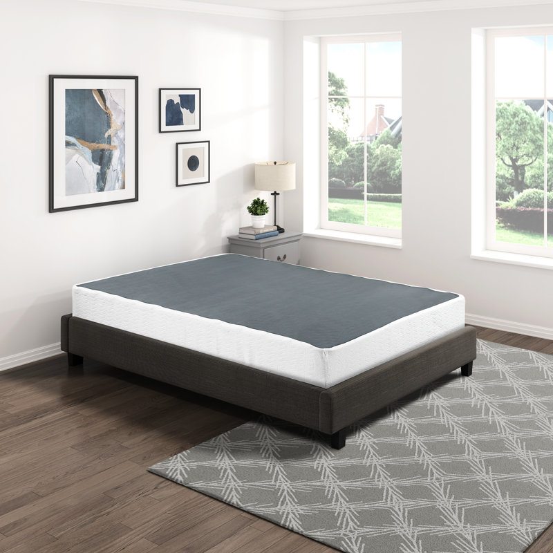Mattress Foundation - Black Metal Frame With Textured White Fabric Cover, 8.5" High, 12 Support, Easy Assembly, 350lb Capacity, For Bedroom & Covering, Height, 12 Slat Weight Elemental