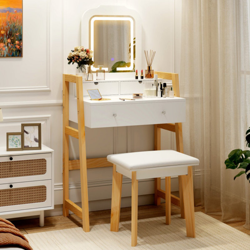 Ensemble de coiffeuse avec miroir à DEL, coiffeuse et tabouret avec 3 réglages de lumière, hauteur réglable