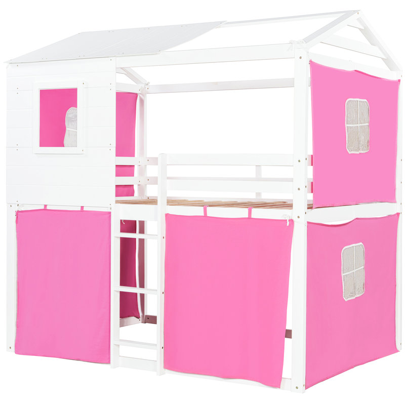 Lit superposé rose + blanc, maison dans les arbres, pin et chambre à coucher pour enfants inspirés, sommeil confortable et solide