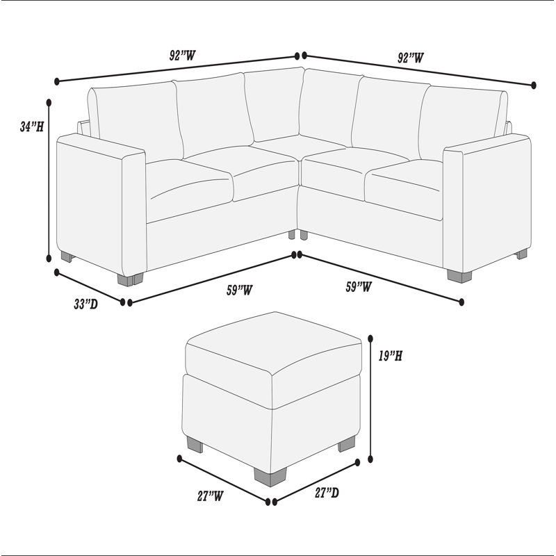 Beautiful 4-Piece Sectional Set W/ Ottoman Dark Gray One Arm Loveseat Corner Wedge Corduroy Upholstered Plush Couch