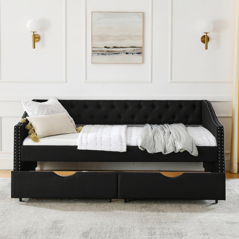 Daybed With Drawers, Upholstered Tufted Bed Frame, Twin, Black