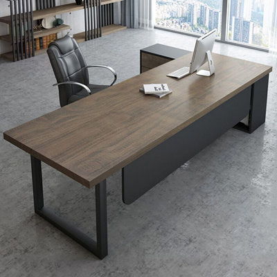 Nut-brown L-Shaped Solid Wood Executive Desk with drawers desk