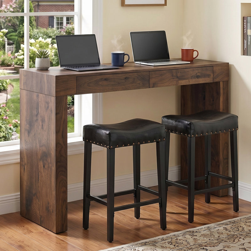 Ensemble de salle à manger 3 pièces à hauteur de bar avec table rectangulaire de 50 po avec tiroirs et 2 tabourets en similicuir