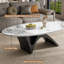 Table basse ovale moderne de 125 cm (49,2 po), plateau en pierre frittée imitation marbre, piètement minimaliste en métal sculptural, montage facile-1524501426