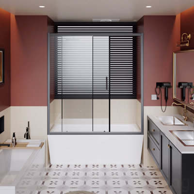 60.In W X 62.In H Single Sliding Opening Shower Door For Bathtub, 1/5 " Thick Clear Tempered Shower Door With Stainless Steel Handle