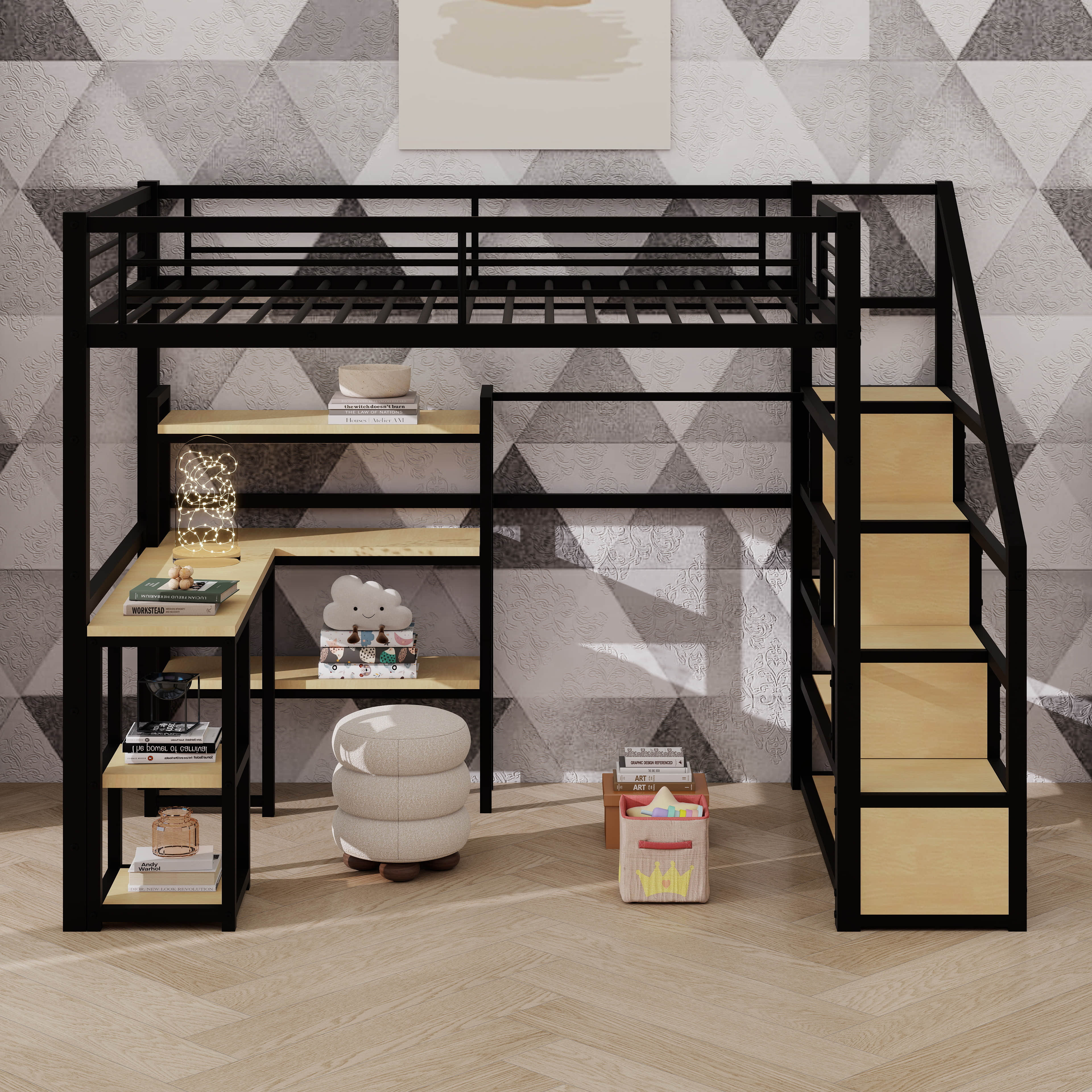 17 Stories Metal Loft Bed With Desk,Bookcase, Storage Staircase And ...
