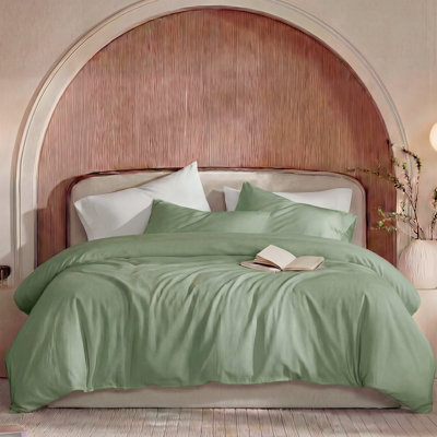 100% Washed Cotton Duvet Cover Queen Size – Sage Green, Linen-Like Texture, Super Soft & Breathable Bedding Set, 3-Piece Durable Percale Comforter Cover