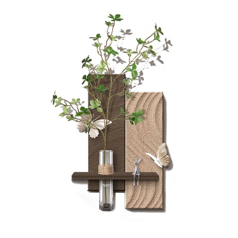 3D Textured Sandstone Wall Decor, Layered Abstract Wall Art with Floating Shelf, Glass Water Vase & Artificial Orchid Butterfly Accents